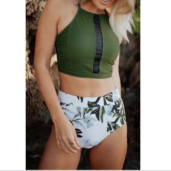 Leaf & Floral Print High Halter Two-piece Swimwear - Picture 5 of 6